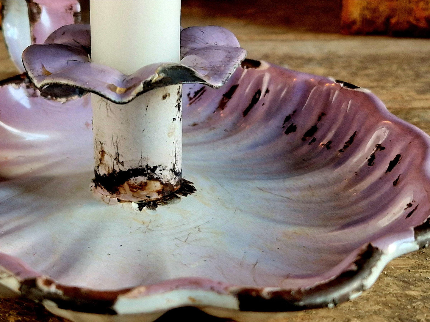 French lilac coloured vintage enamel candle holder.