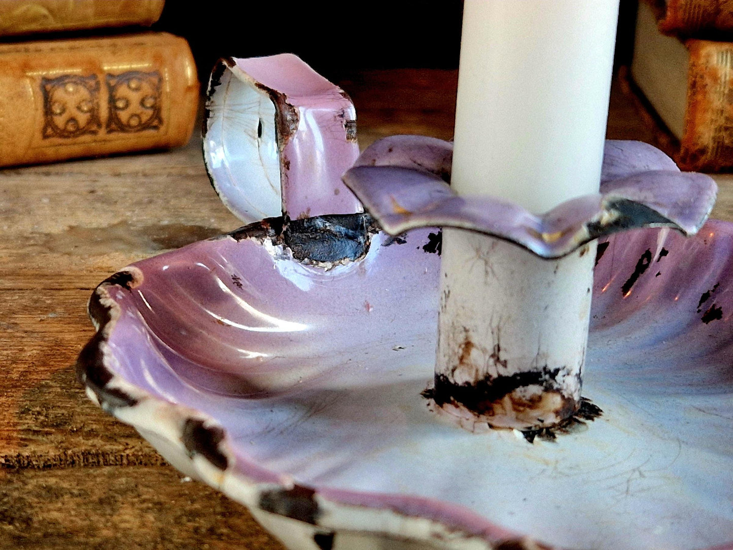 French lilac coloured vintage enamel candle holder.