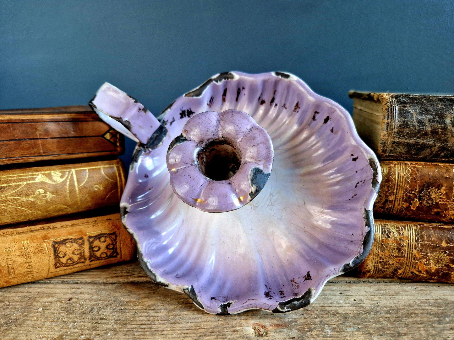 French lilac coloured vintage enamel candle holder.