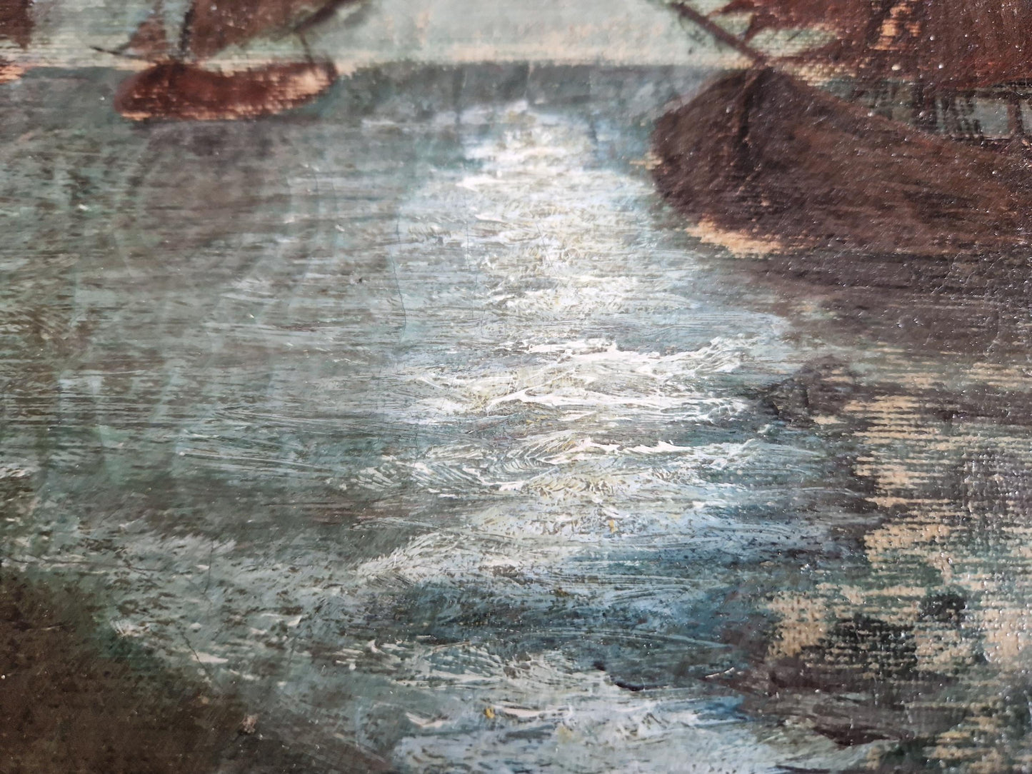 French antique seascape oil painting showing fishing boats on the sea in the moonlight.