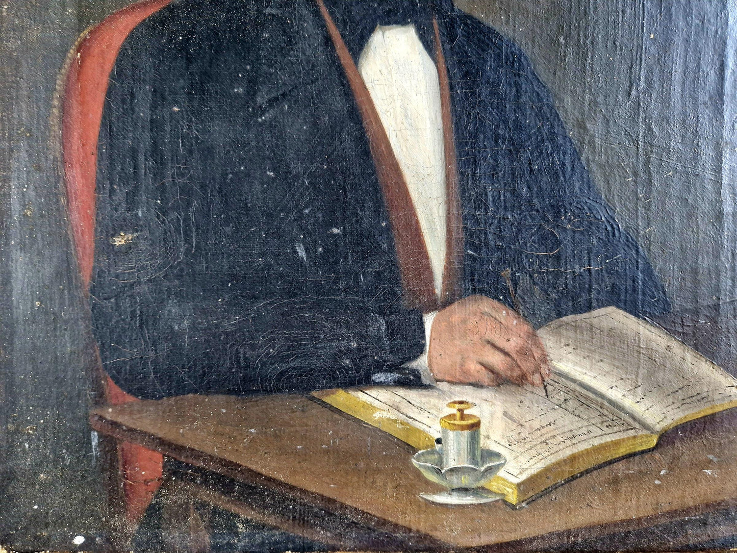 Antique oil painting. Antique portrait of Gentleman writing in his journal. 19th century portrait painting.