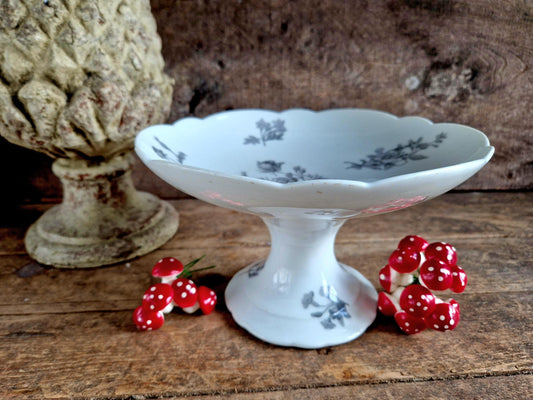 French porcelain cake stand with grey floral transfer ware decoration