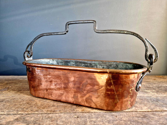 French antique copper fish kettle or planter, with iron hanging handle.