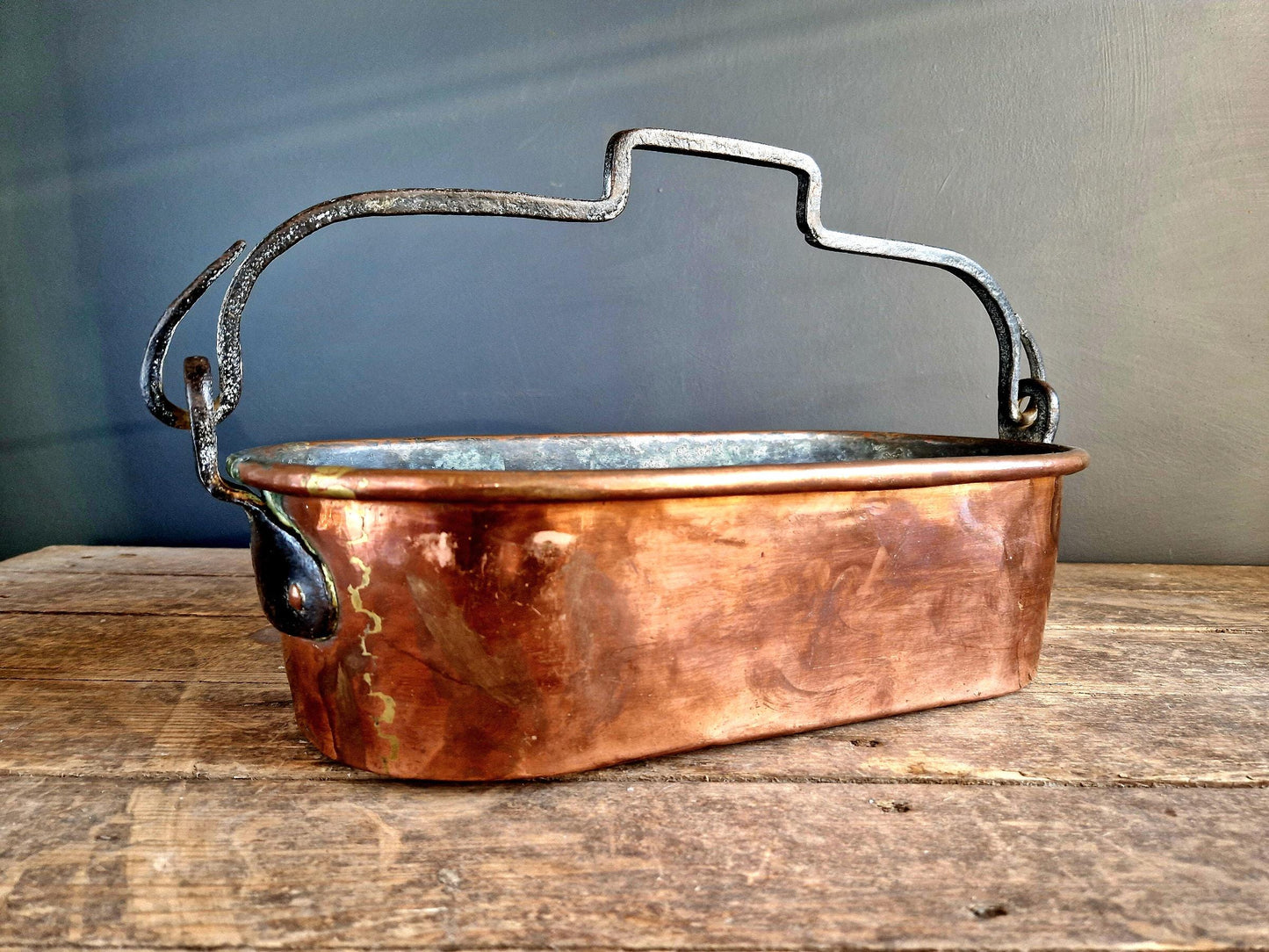 French antique copper fish kettle with dovetail joints and an iron hanging handle.