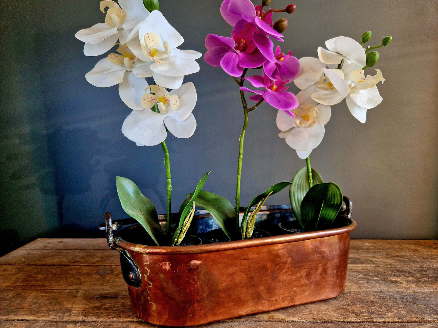 French antique copper fish kettle with dovetail joints and an iron hanging handle.