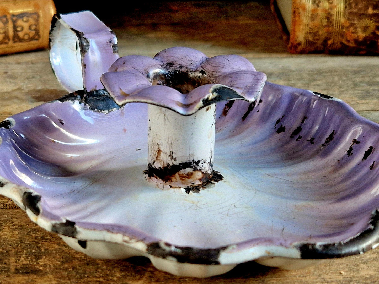 French lilac coloured vintage enamel candle holder.