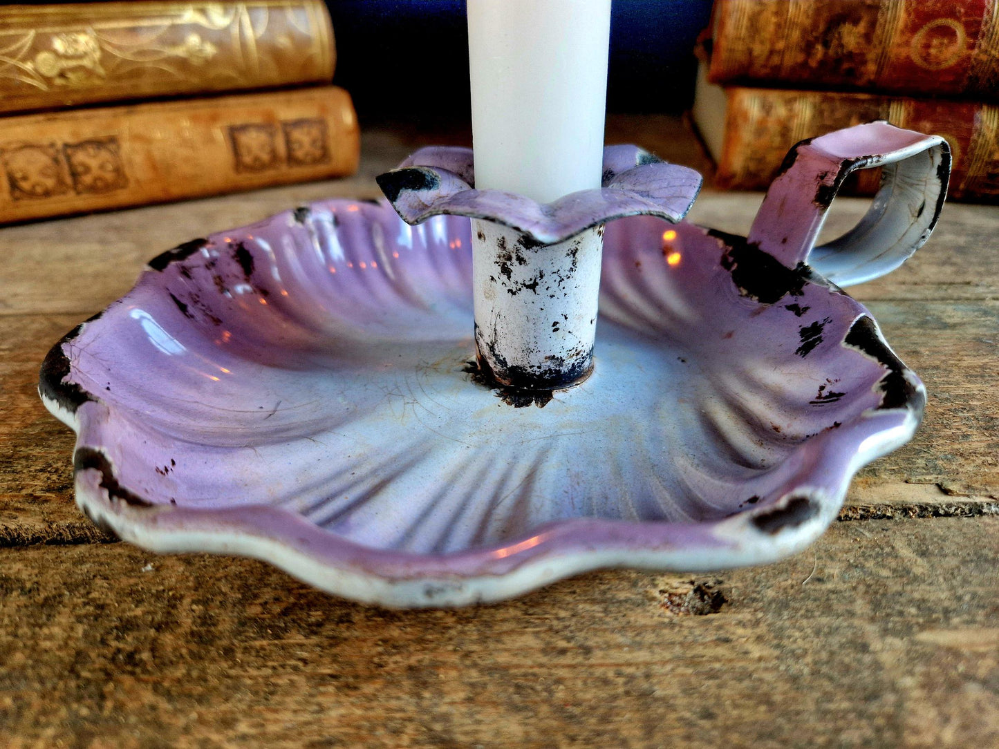 French lilac coloured vintage enamel candle holder.