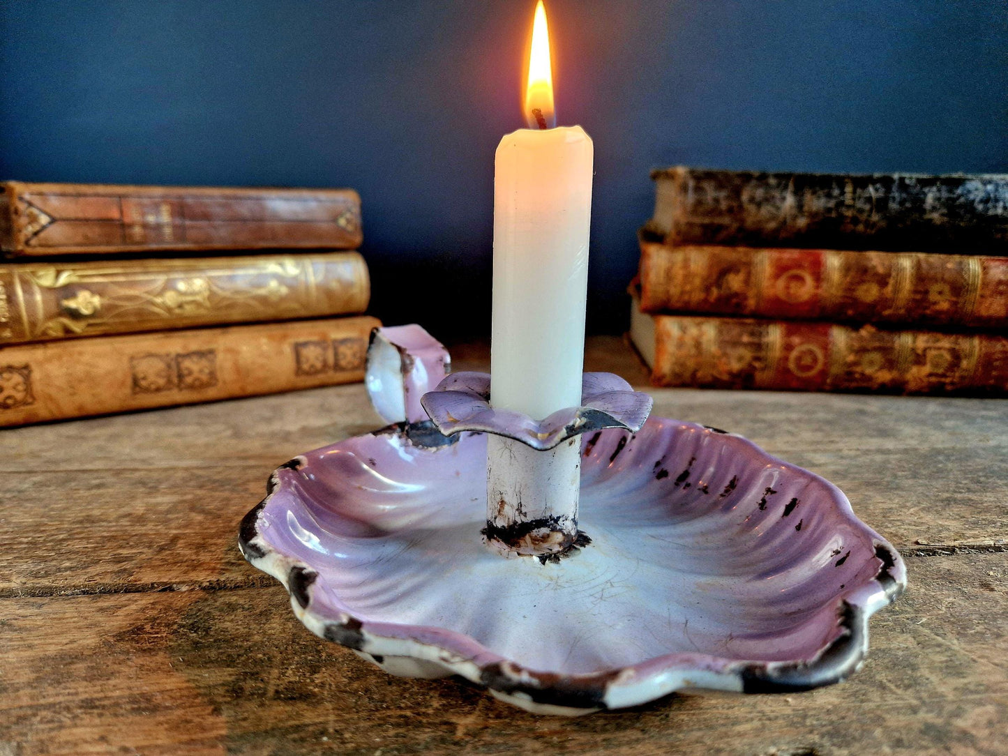 French lilac coloured vintage enamel candle holder.