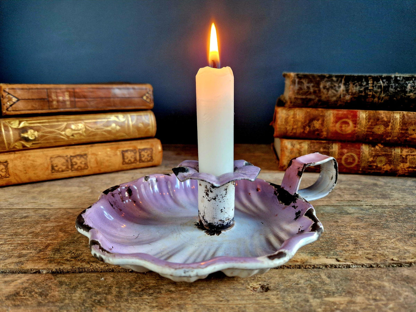 French lilac coloured vintage enamel candle holder.