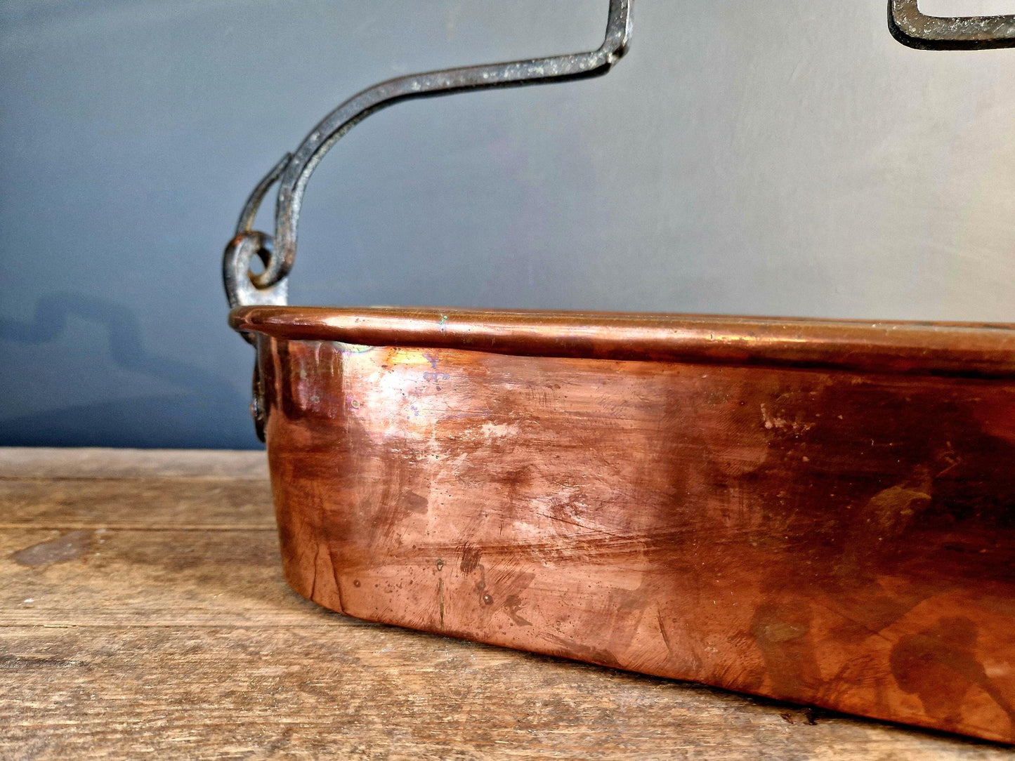 French antique copper fish kettle with dovetail joints and an iron hanging handle.