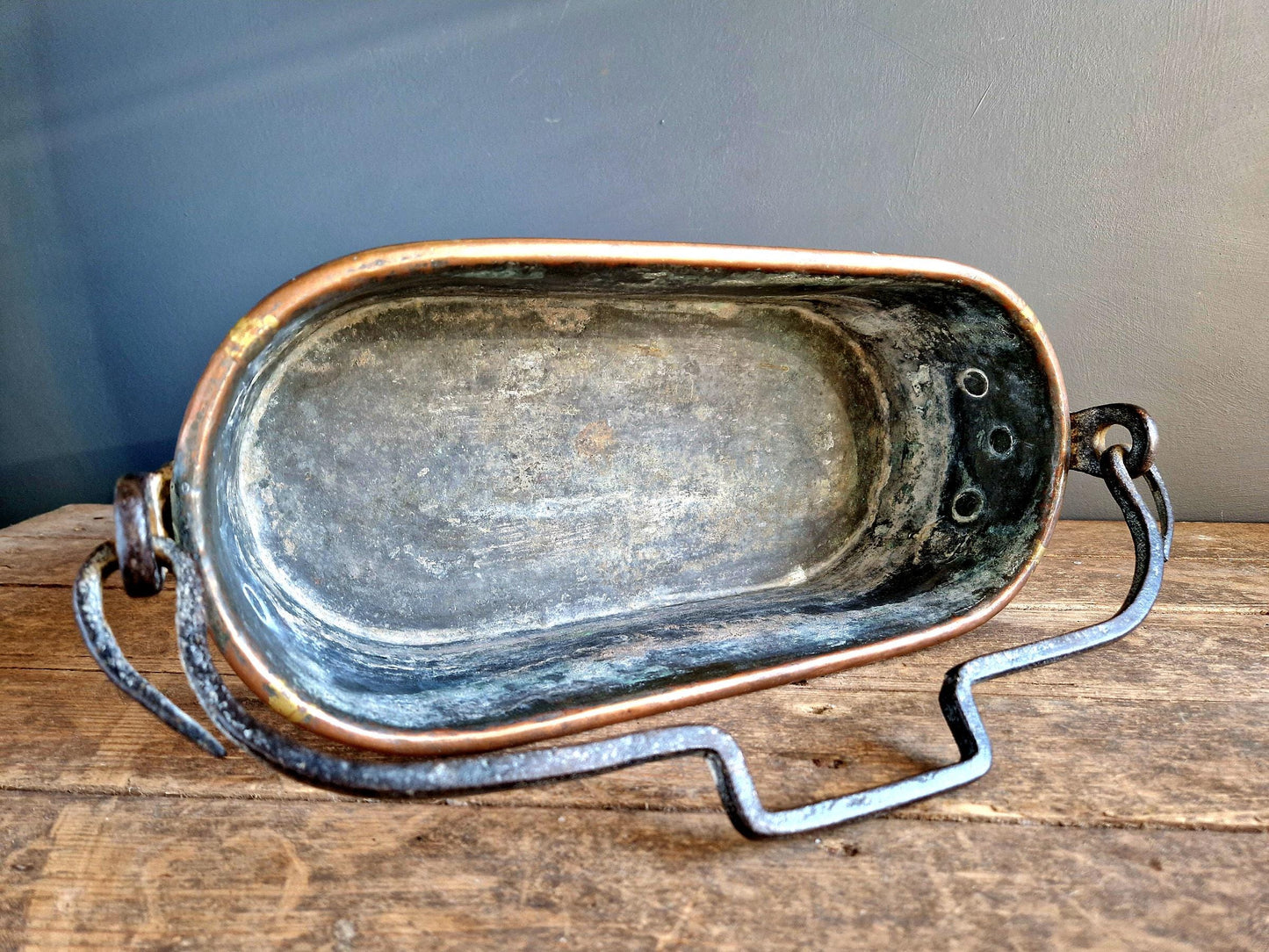 French antique copper fish kettle with dovetail joints and an iron hanging handle.