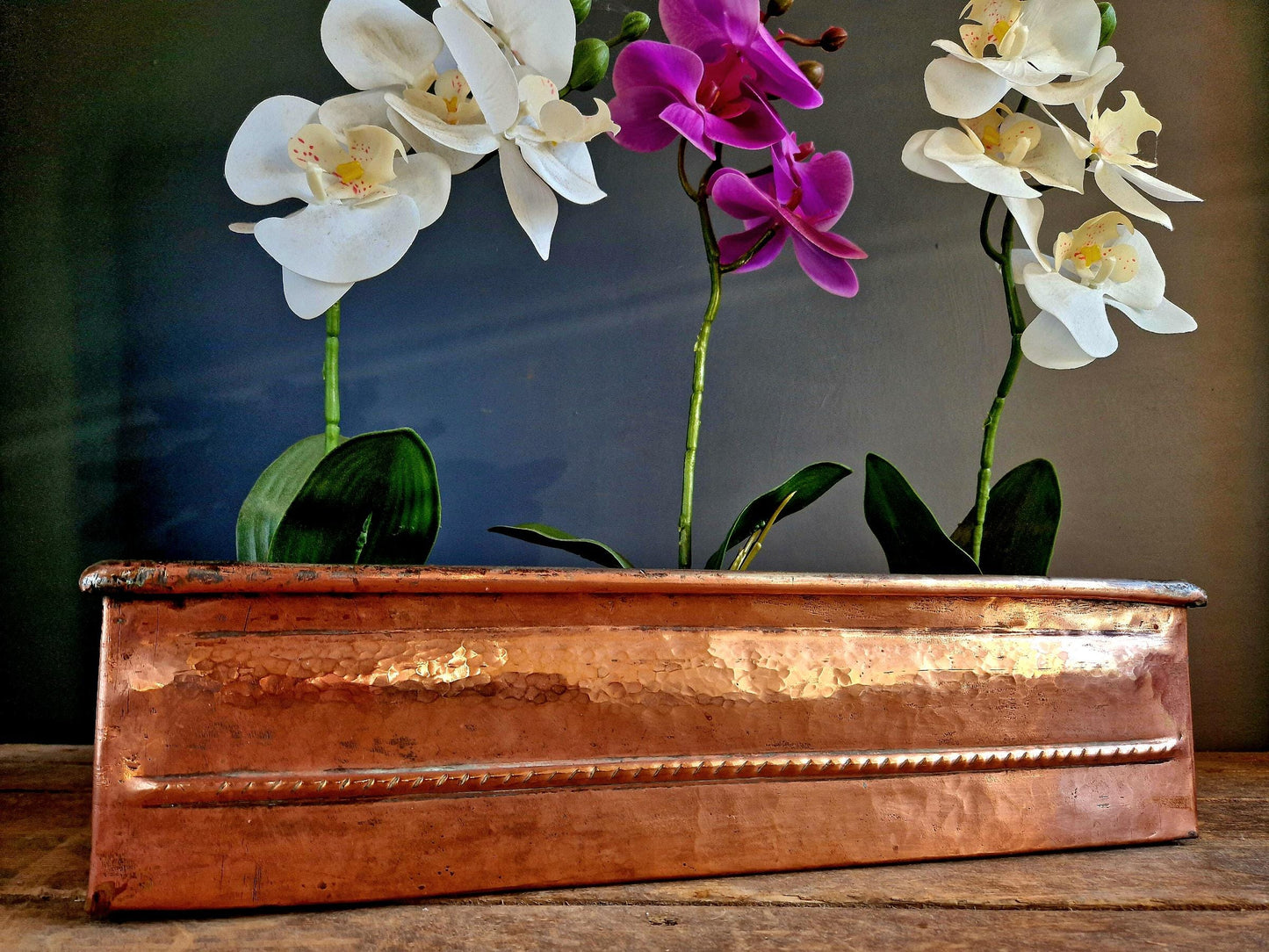 French antique copper planter in a rectangular form.