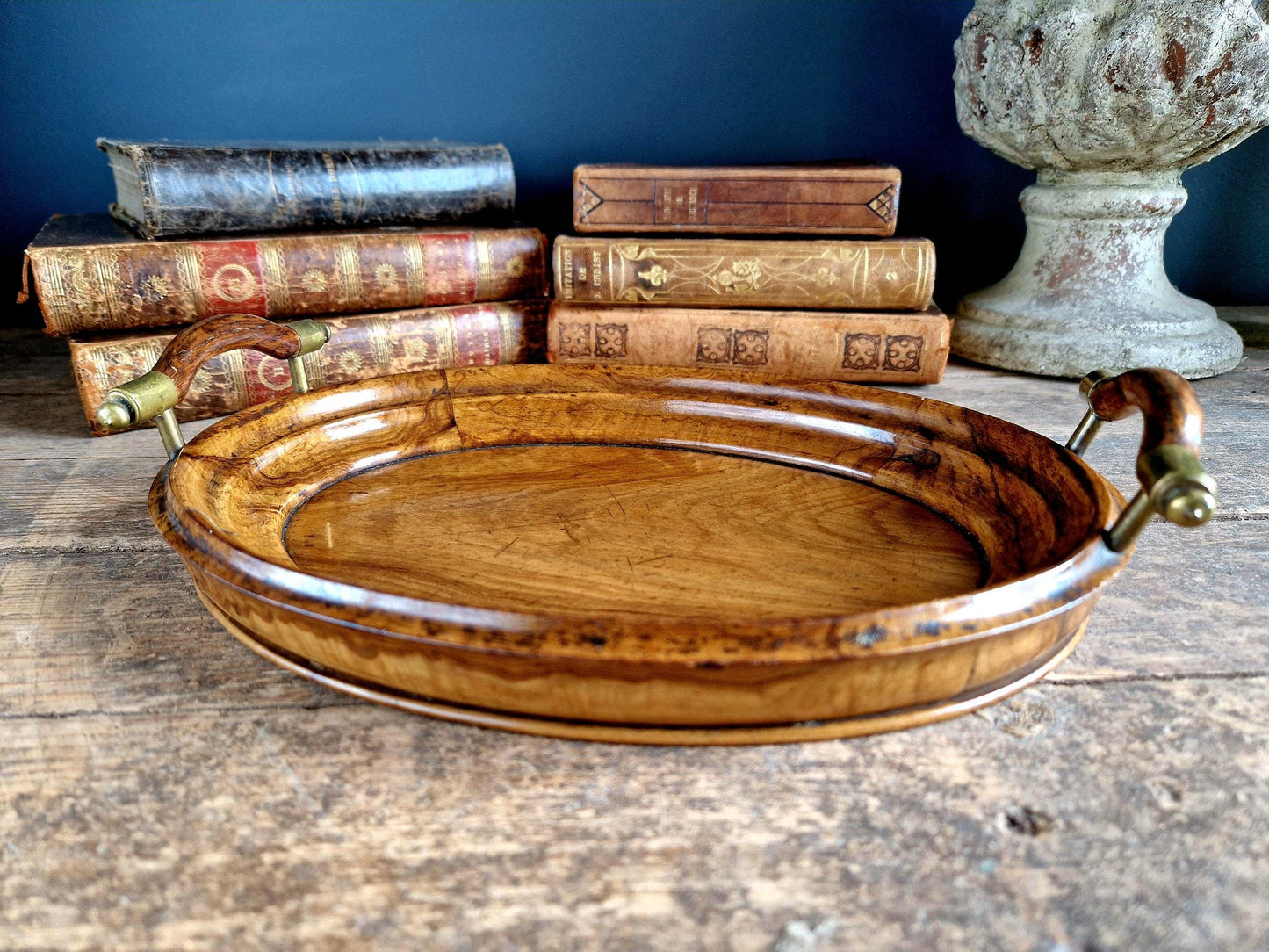 french antique walnut tray with brass capped handles.