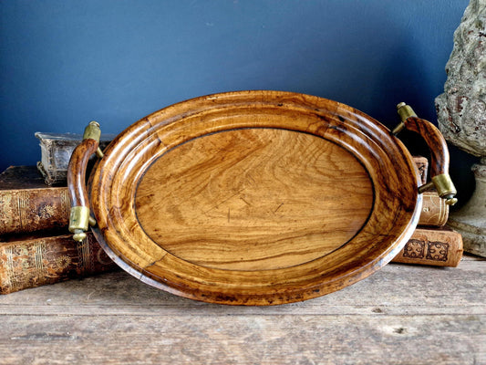 French antique walnut tray with brass topped handles.