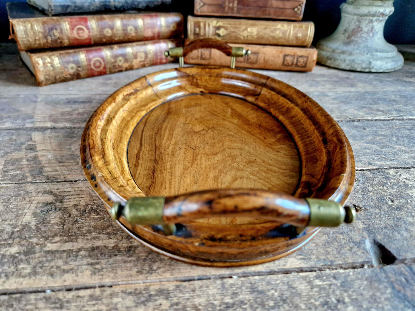 french antique walnut tray with brass capped handles.