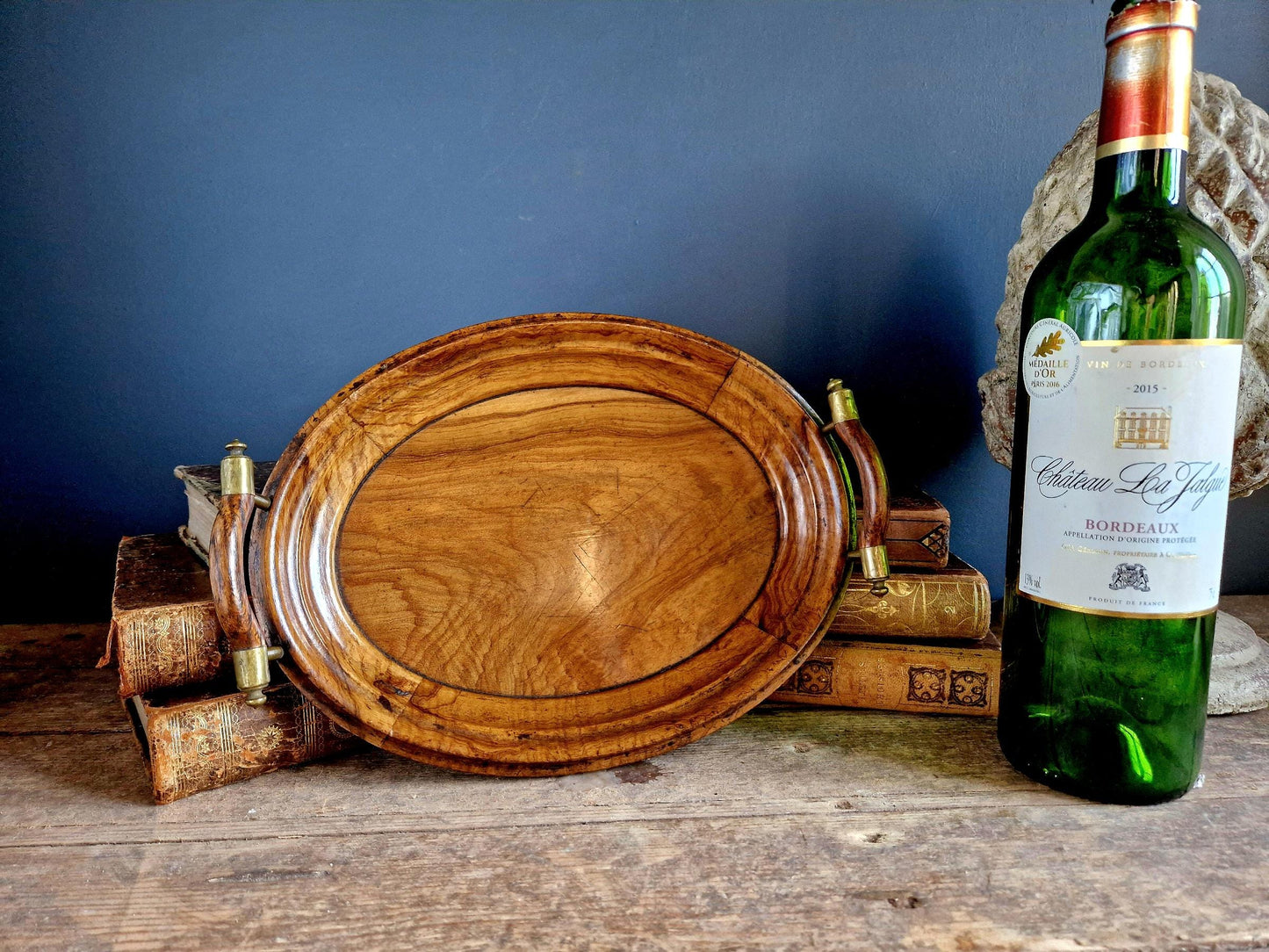 french antique walnut tray with brass capped handles.