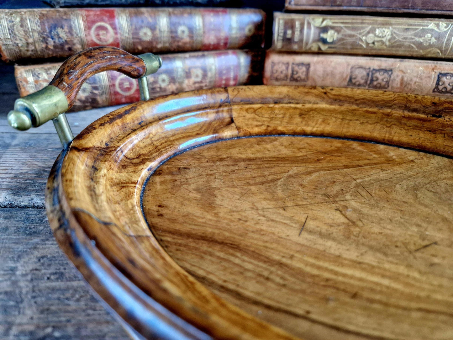 french antique walnut tray with brass capped handles.