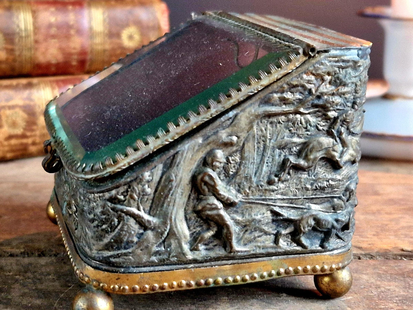 French Antique Pocket Watch Box, Napoleon III Era, Hunting Scene Decor