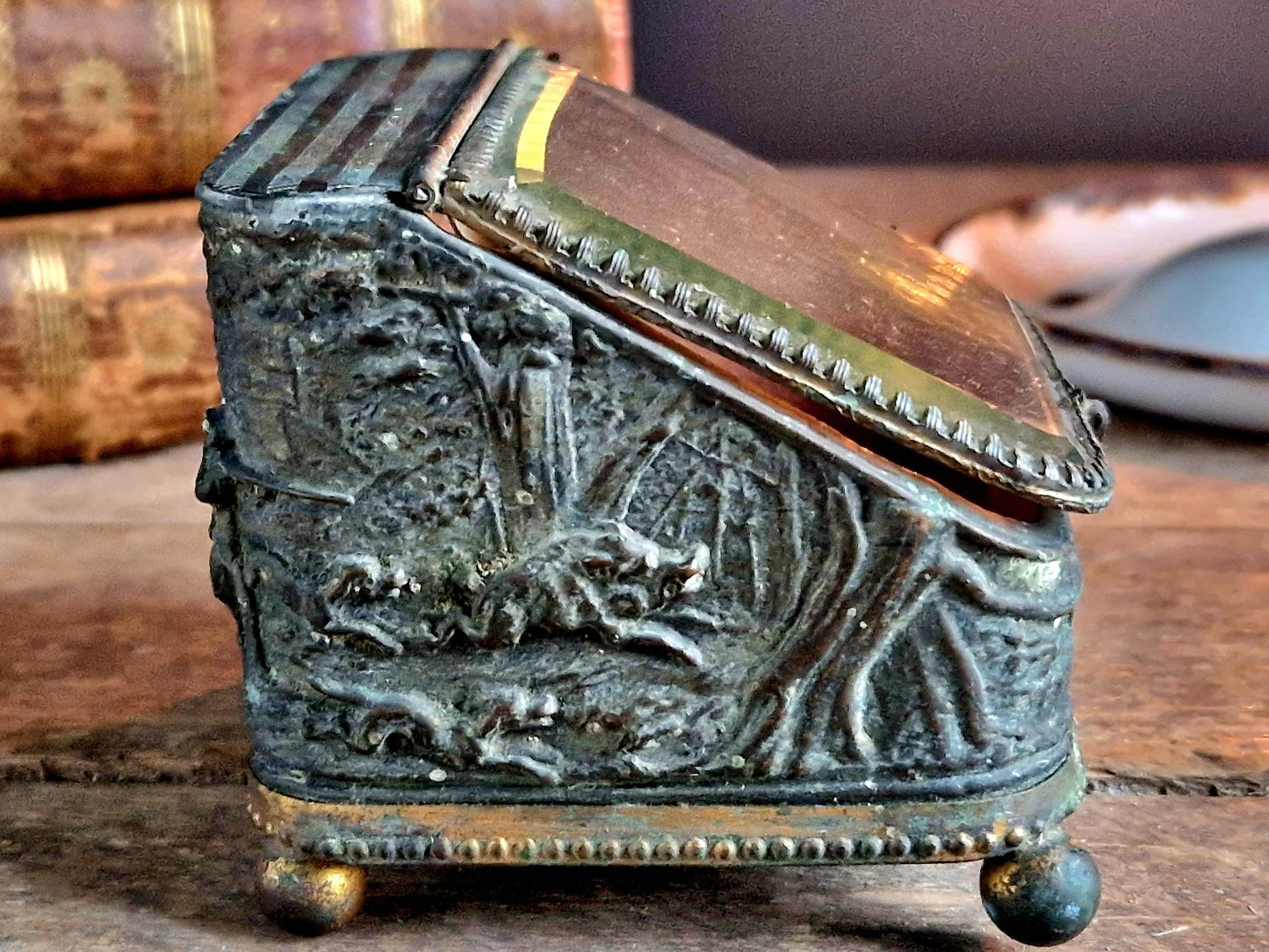 French Antique Pocket Watch Box, Napoleon III Era, Hunting Scene Decor