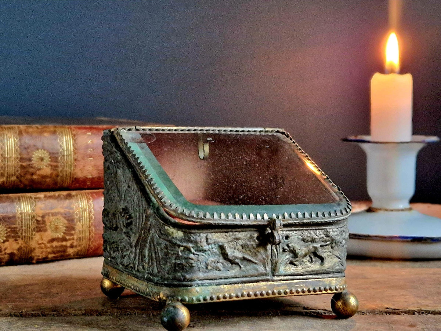 French Antique Pocket Watch Box, Napoleon III Era, Hunting Scene Decor