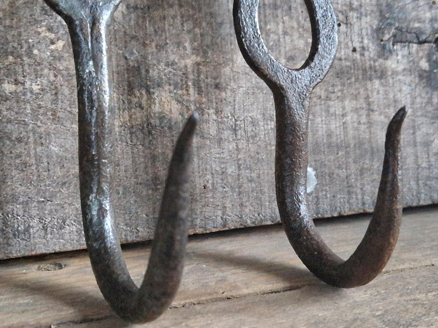 Four old French charcuterie hooks. Antique meat hooks for kitchen decor.