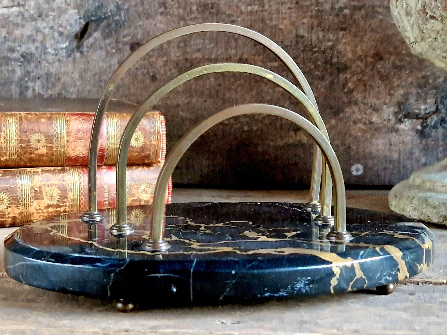 Antique letter rack with black marble base. Art Deco period letter holder.