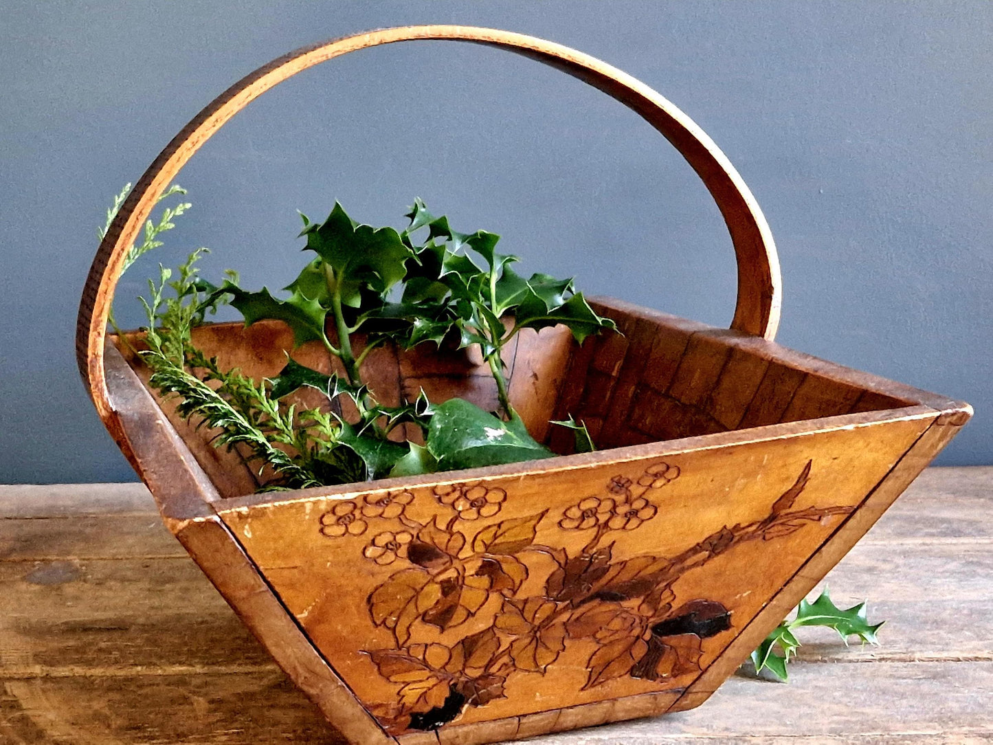 French rustic garden trug with floral decoration. French wooden trug.