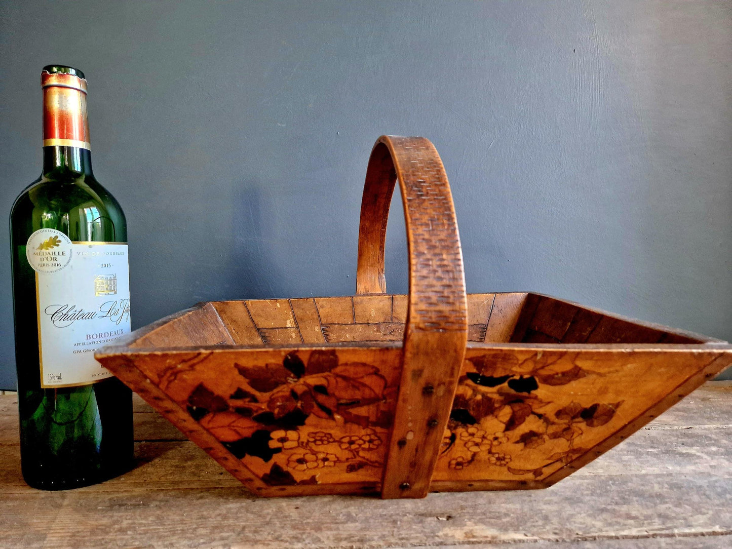 French rustic garden trug with floral decoration. French wooden trug.
