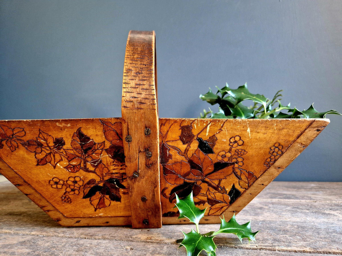 French rustic garden trug with floral decoration. French wooden trug.