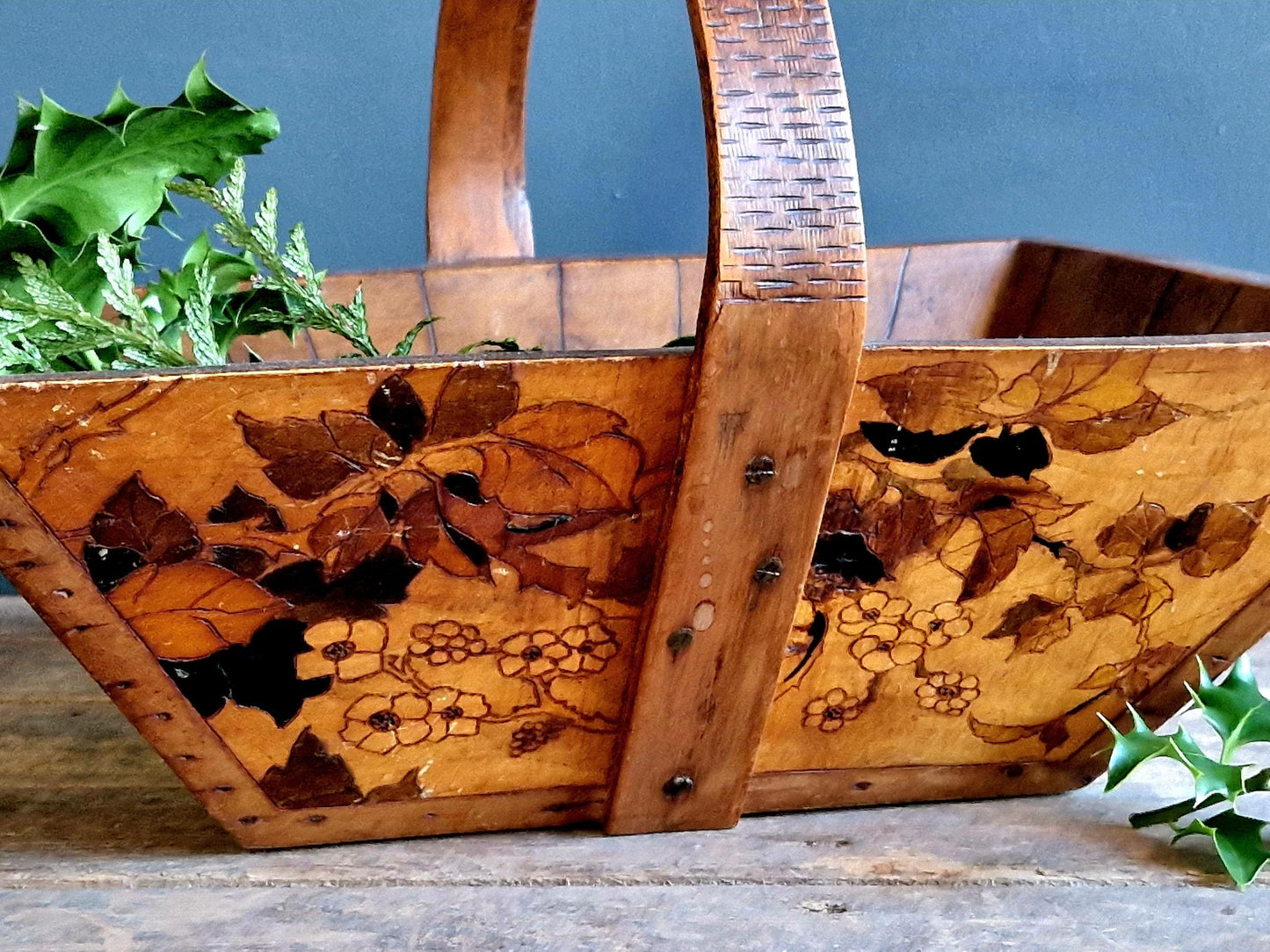 French rustic garden trug with floral decoration. French wooden trug.