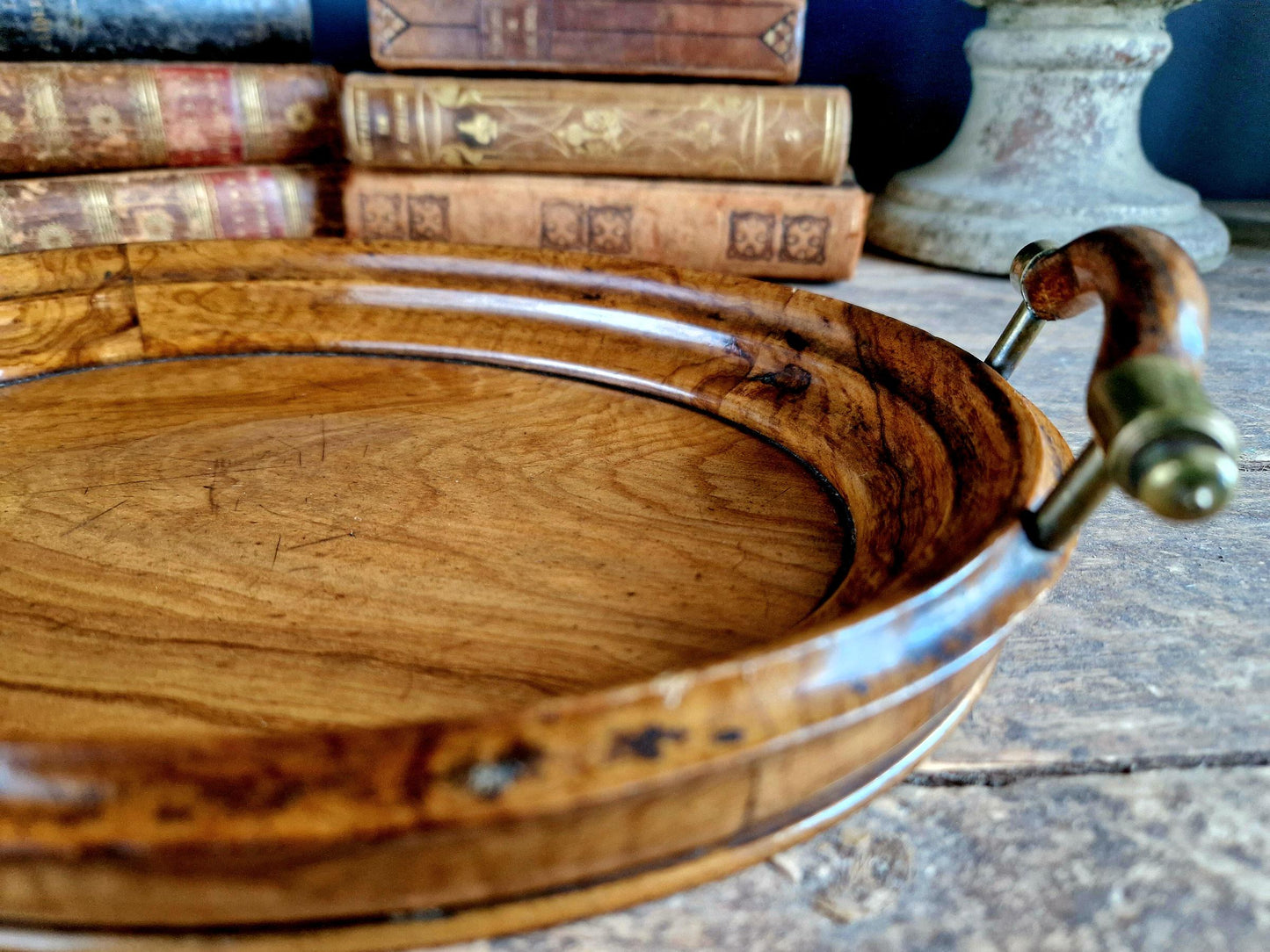 french antique walnut tray with brass capped handles.