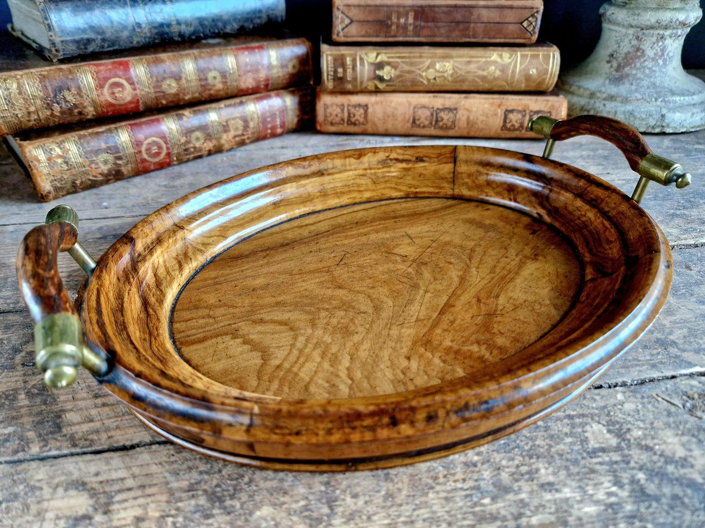 french antique walnut tray with brass capped handles.