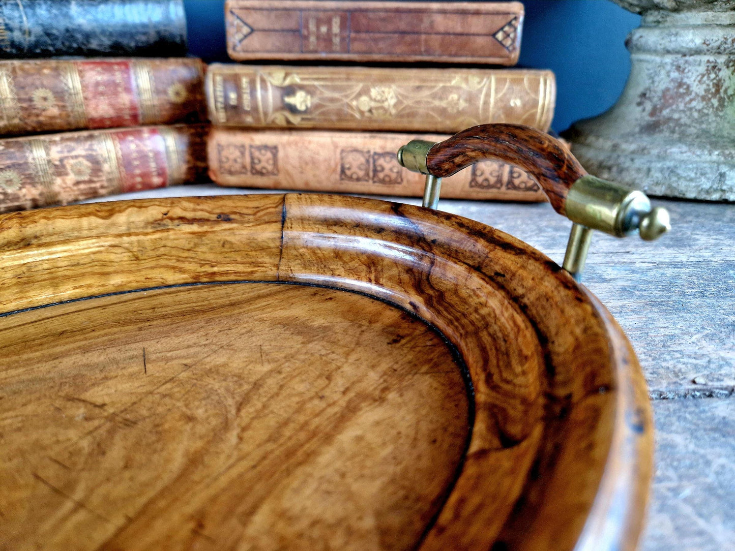 french antique walnut tray with brass capped handles.