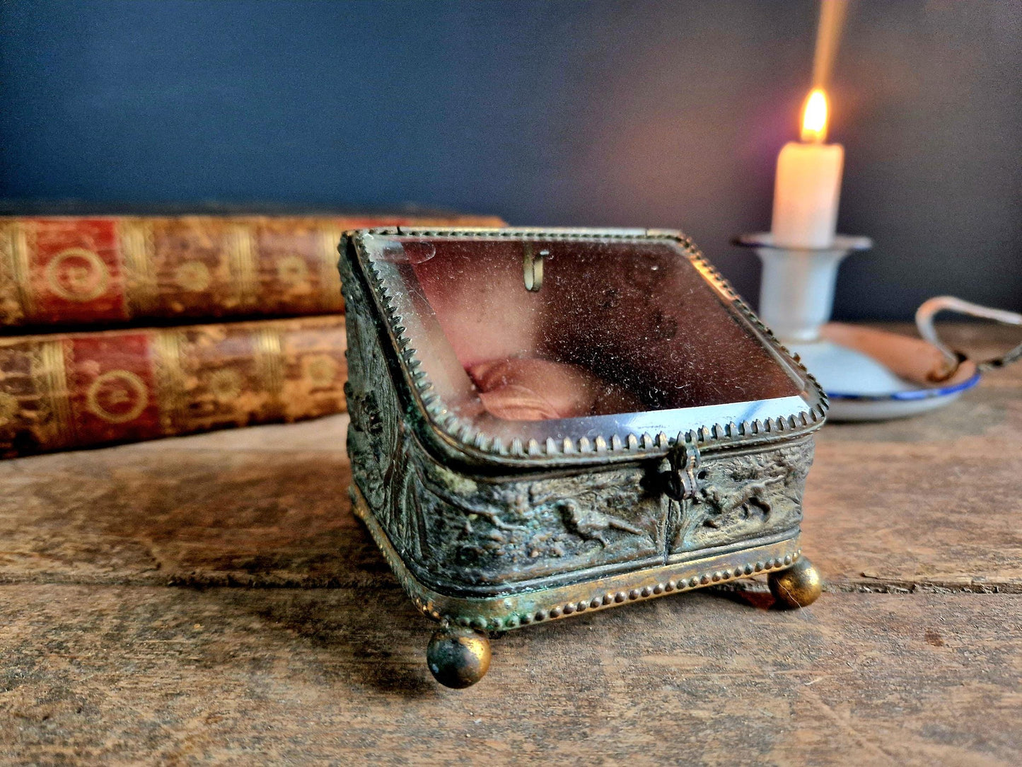 French Antique Pocket Watch Box, Napoleon III Era, Hunting Scene Decor