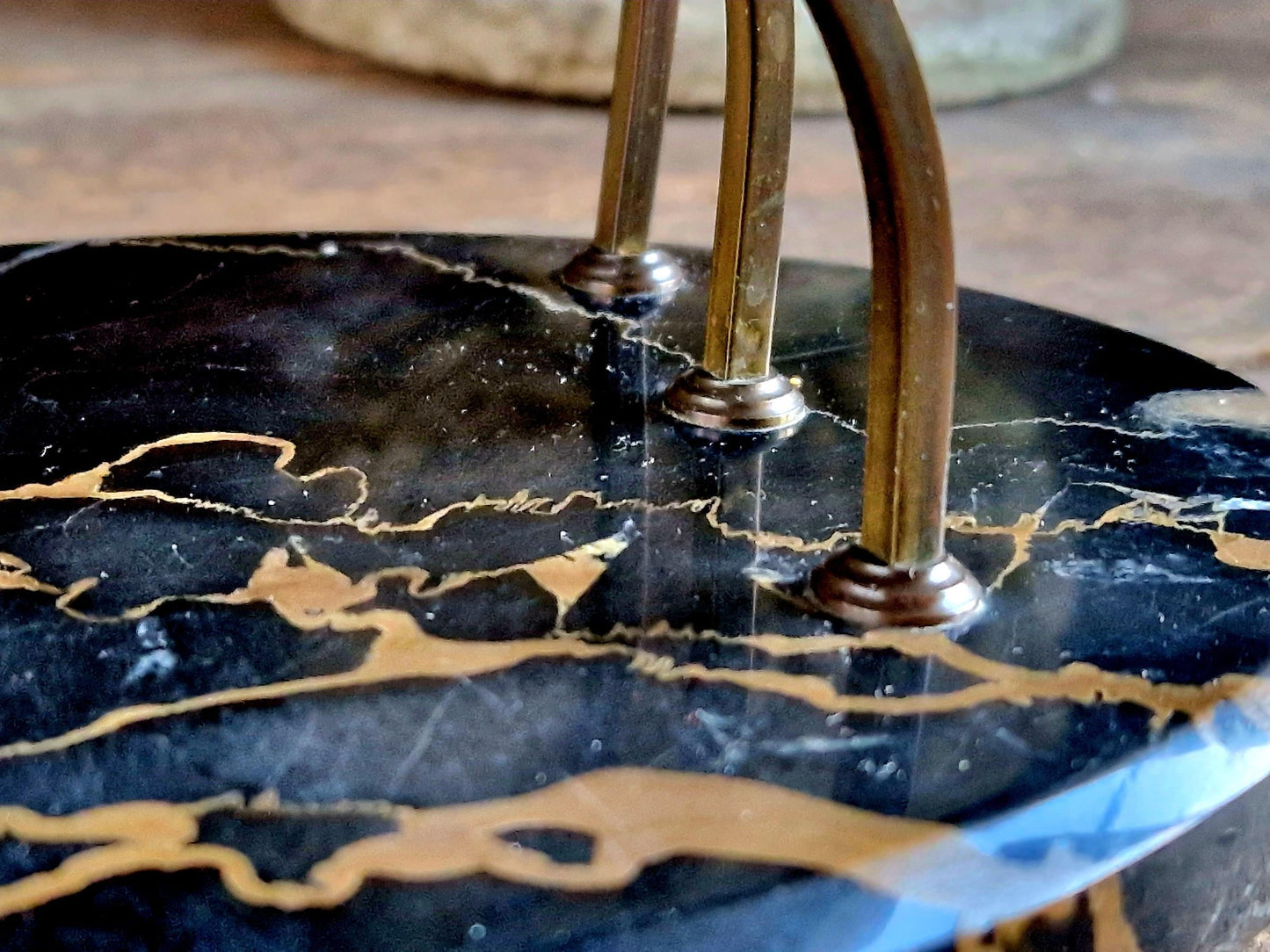 Antique letter rack with black marble base. Art Deco period letter holder.