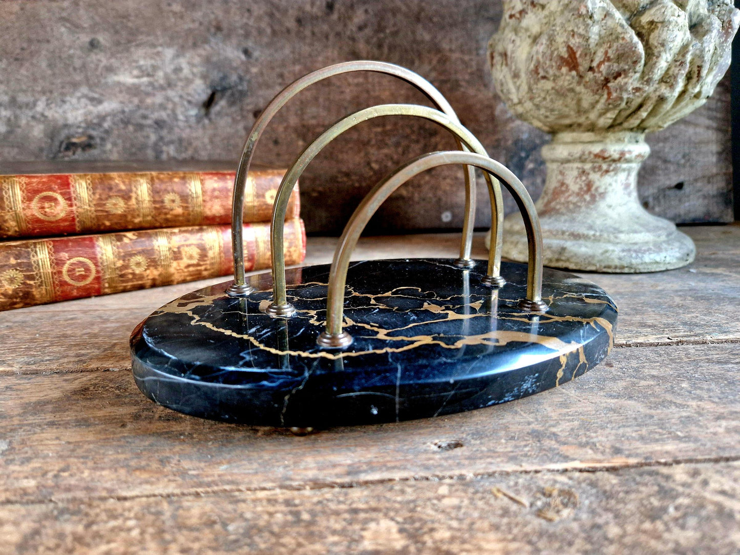 Antique letter rack with black marble base. Art Deco period letter holder.