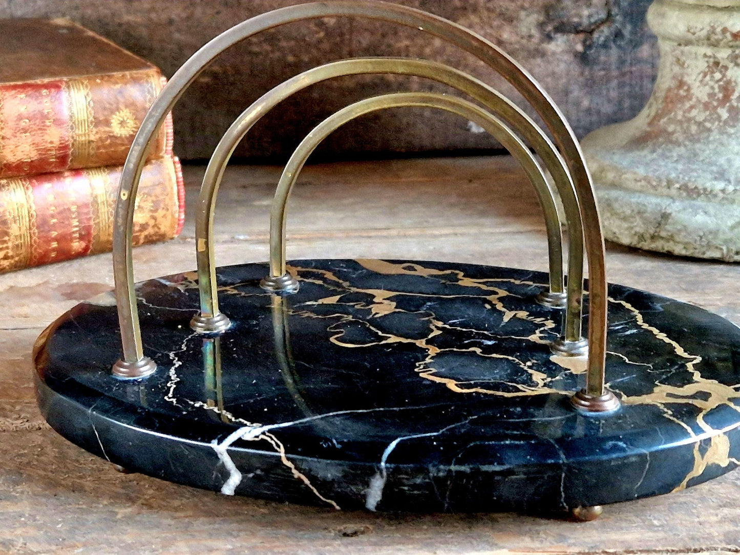 Antique letter rack with black marble base. Art Deco period letter holder.