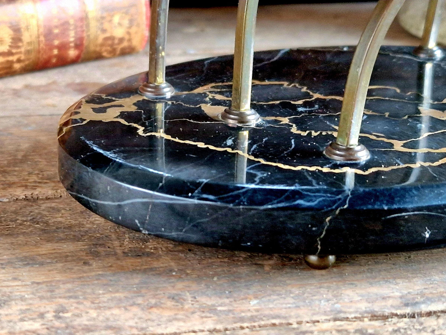Antique letter rack with black marble base. Art Deco period letter holder.
