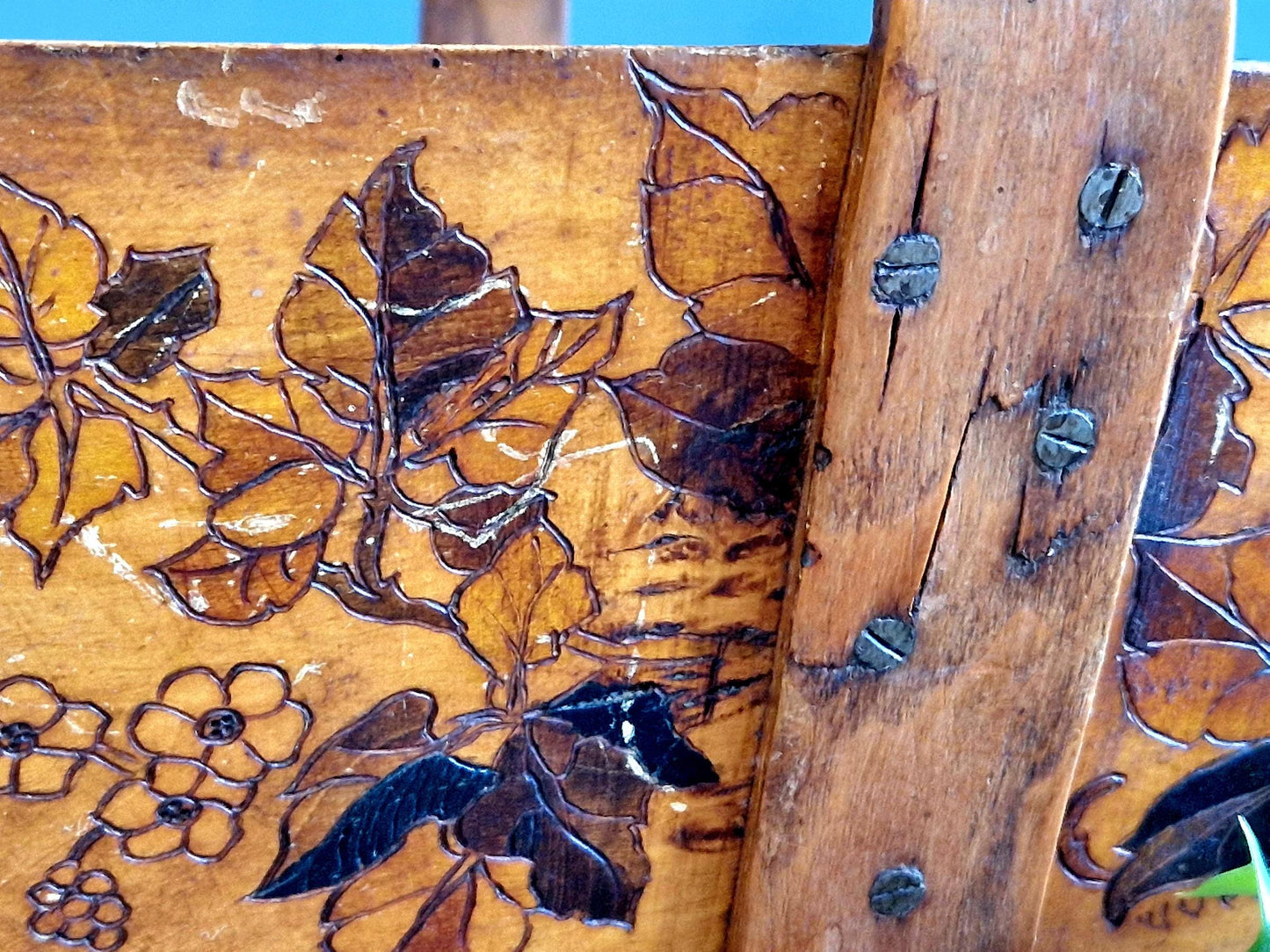 French rustic garden trug with floral decoration. French wooden trug.