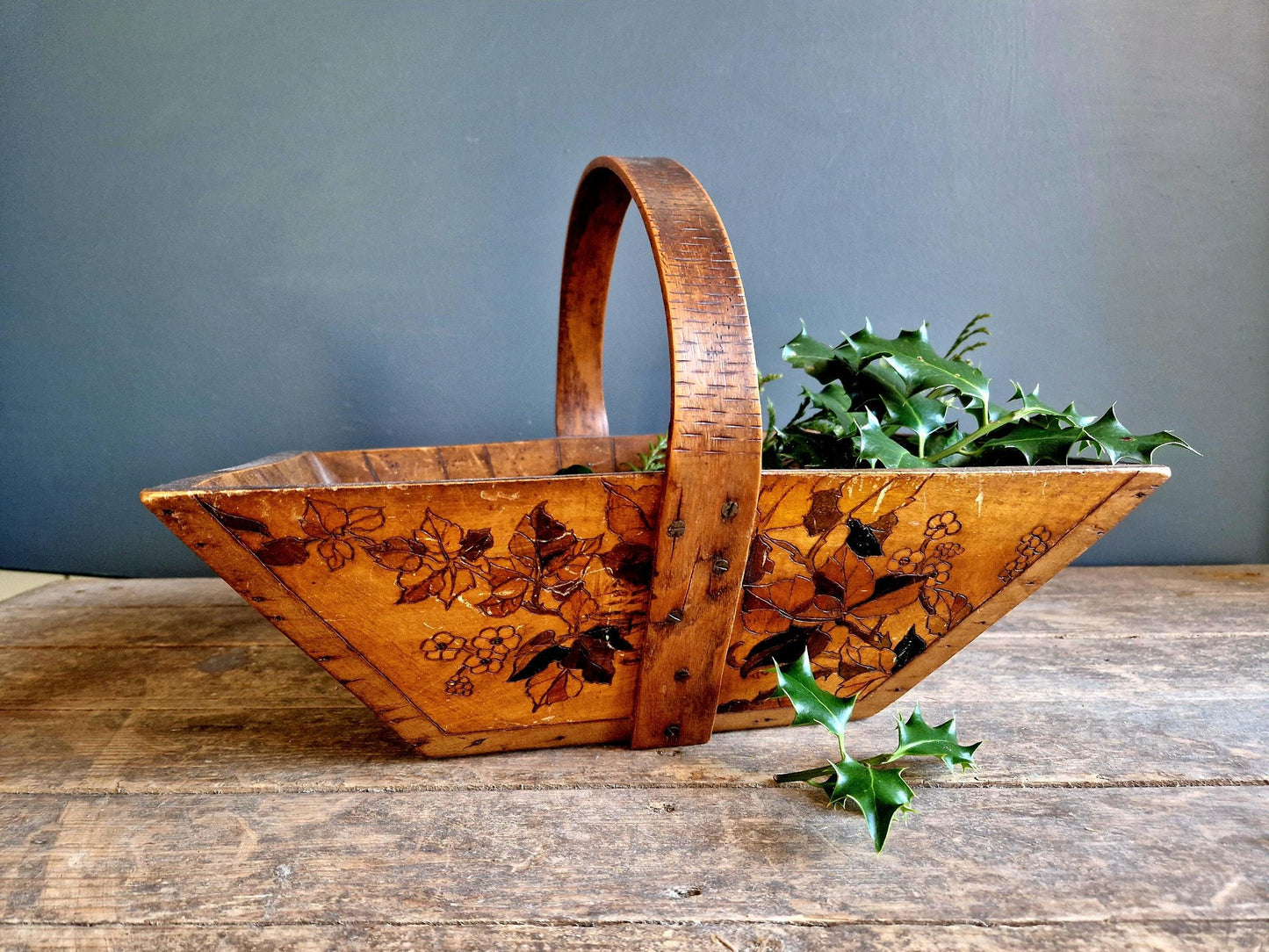 French vintage wooden trug with floral decoration.