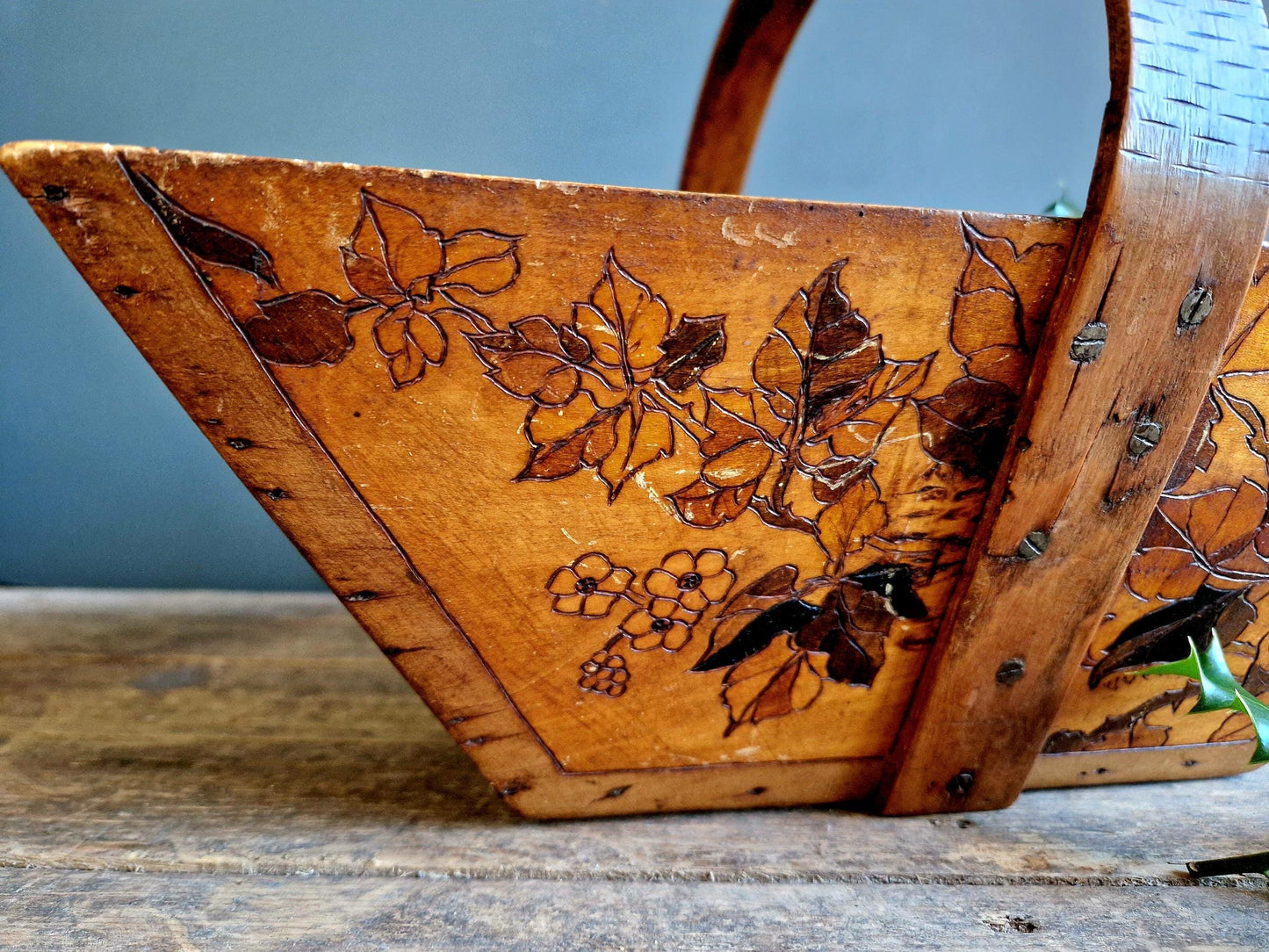 French rustic garden trug with floral decoration. French wooden trug.
